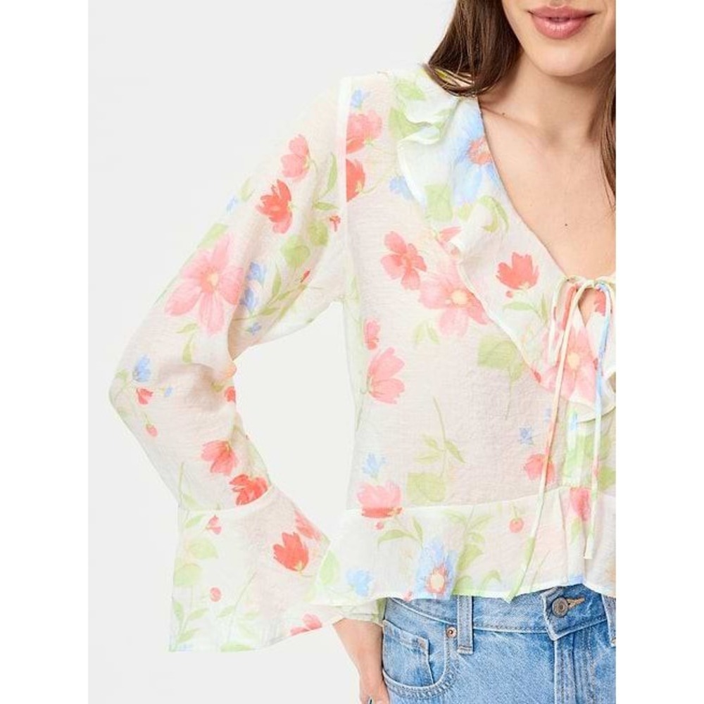 Old Navy Boho Cottage Romantic Floral Ruffle Top Size XXL Pink Blue Bell Sleeve
